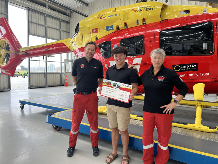 Riley with Canterbury West Coast Air Rescue crew at helicopter base
